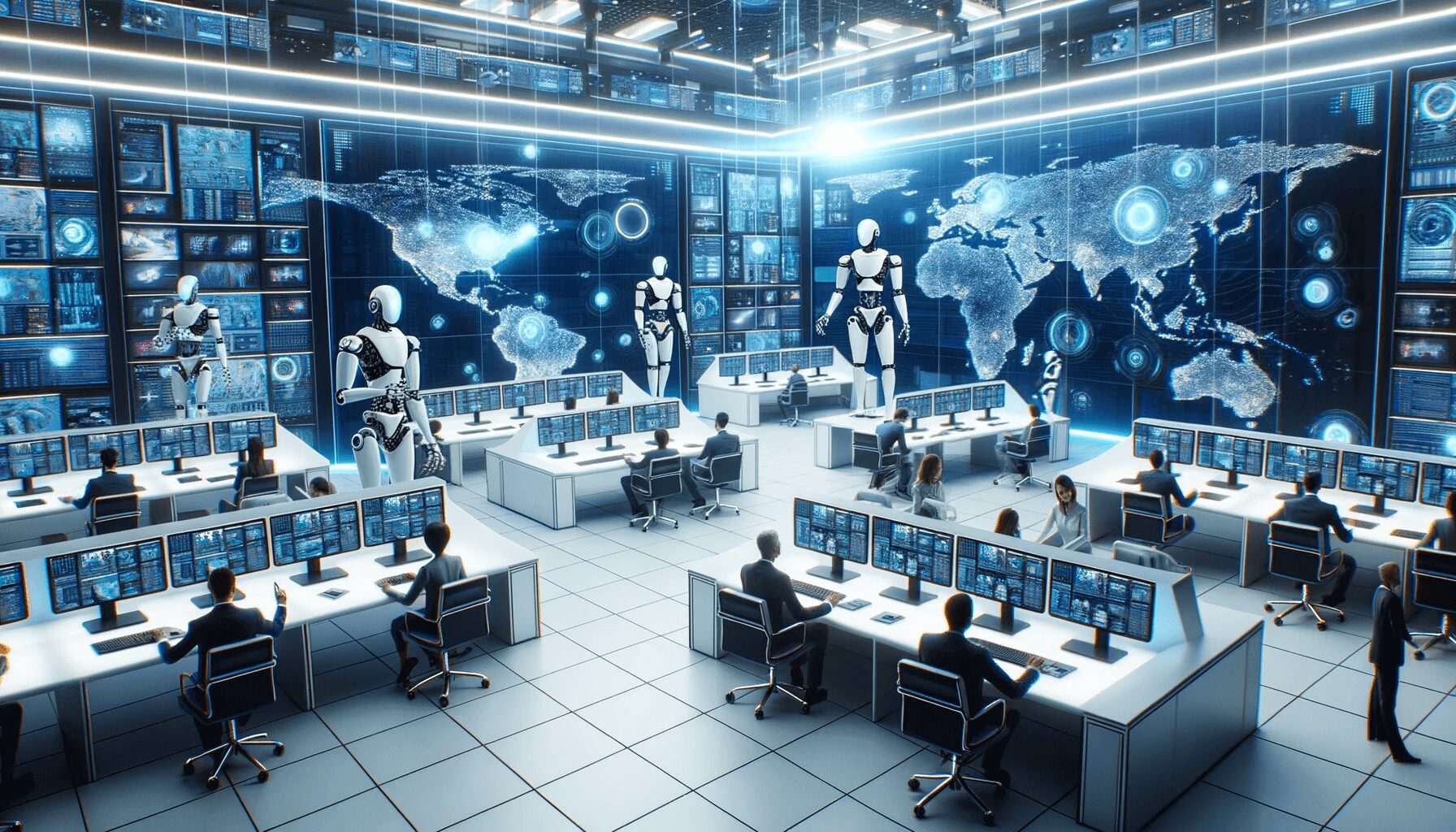 A spacious newsroom where AI robots sift through digital news feeds displayed on vast screens, with human journalists engaged in discussions, showcasing a harmonious blend of technology and human insight.