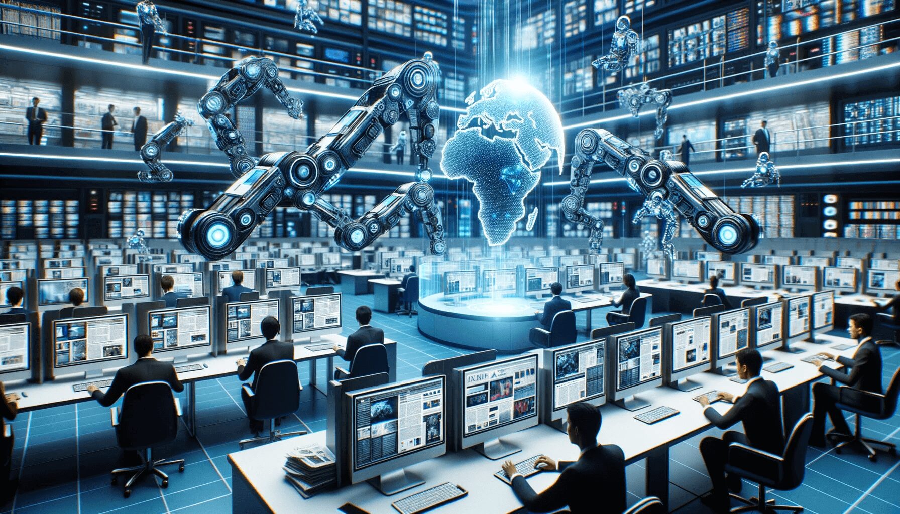 A forward-thinking newsroom where AI robots, equipped with touchscreens that display news analytics, collaborate seamlessly with journalists using cutting-edge tech tablets, emphasizing the synergy between humans and machines.