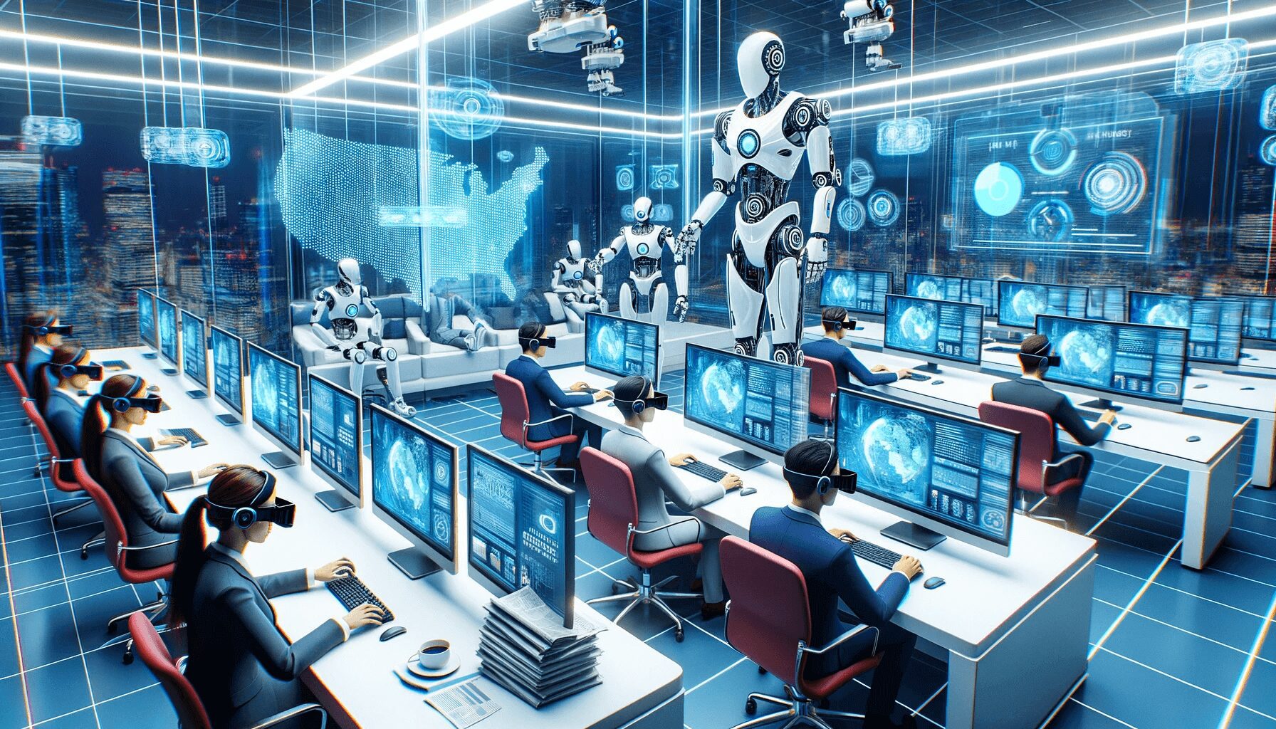 A high-tech setting where journalists, equipped with augmented reality glasses, work side-by-side with AI robots. The room is illuminated with real-time news data projections on transparent screens, highlighting the integration of augmented reality in journalism.