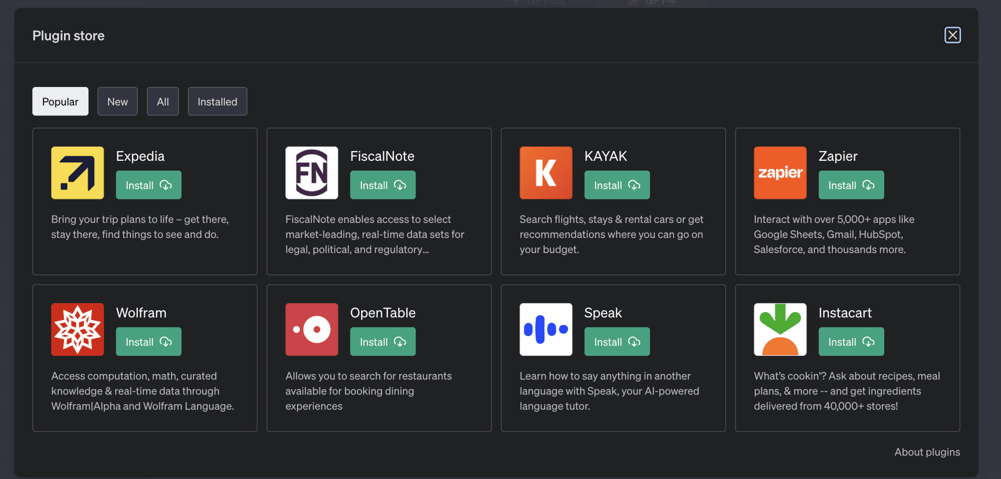 ChatGPT interface showing the plugin store