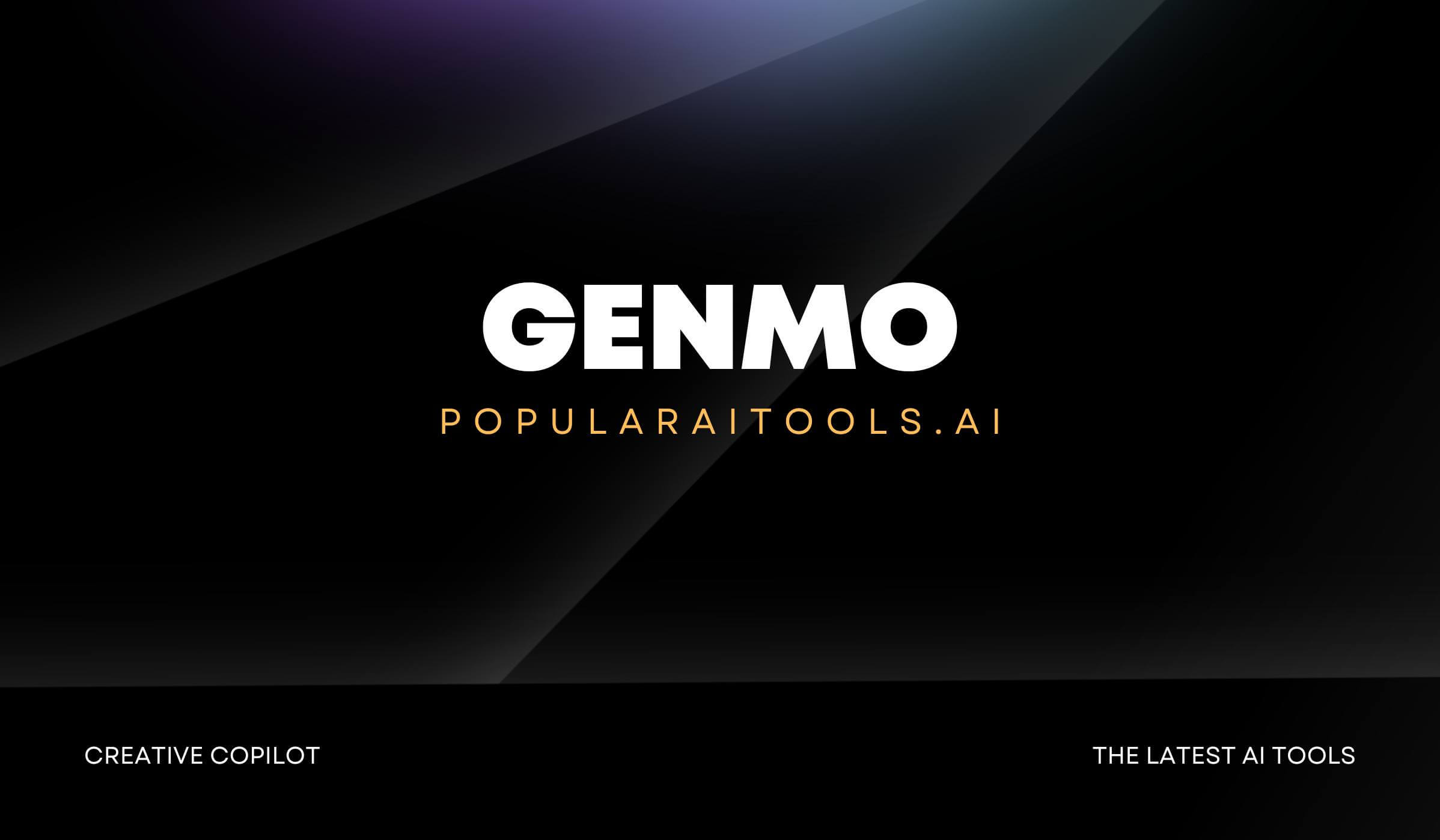 Genmo logo with a backdrop of multimedia tools showcasing video editing, 3D modeling, and AI chat interface.