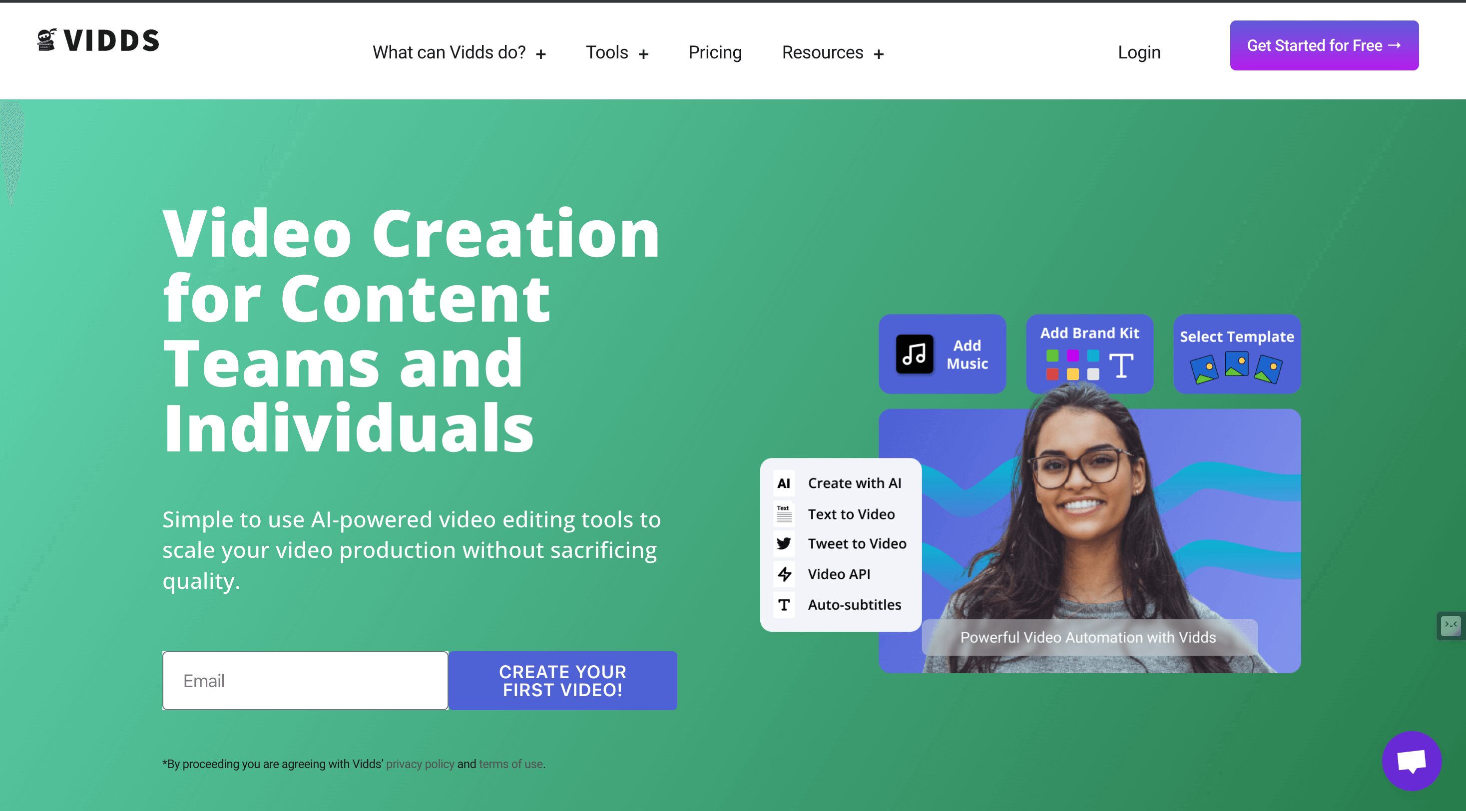 Vidds interface showcasing AI-powered video editing tools and features.