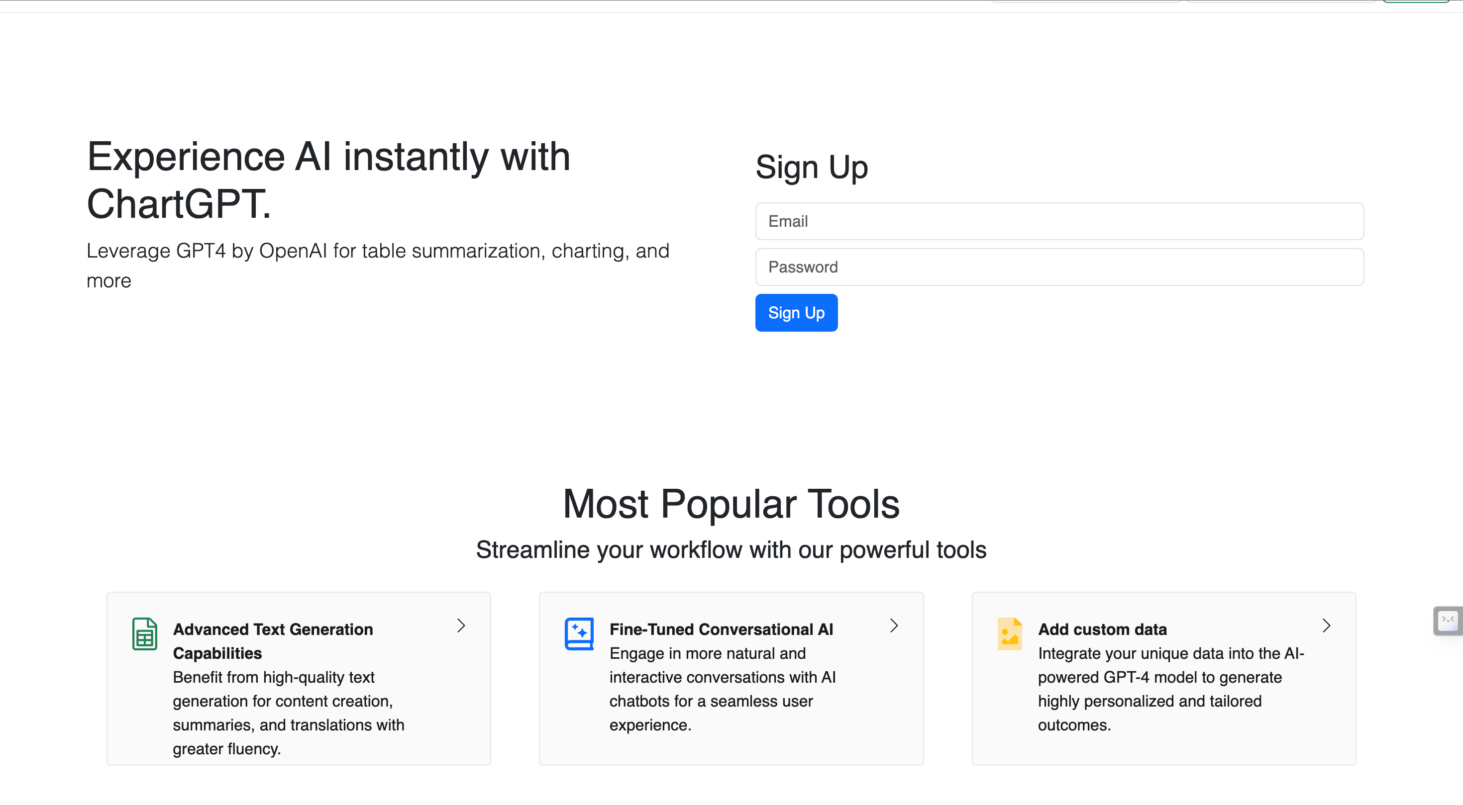 User-friendly dashboard of ChartGPT with options for data visualization and AI-powered analysis.