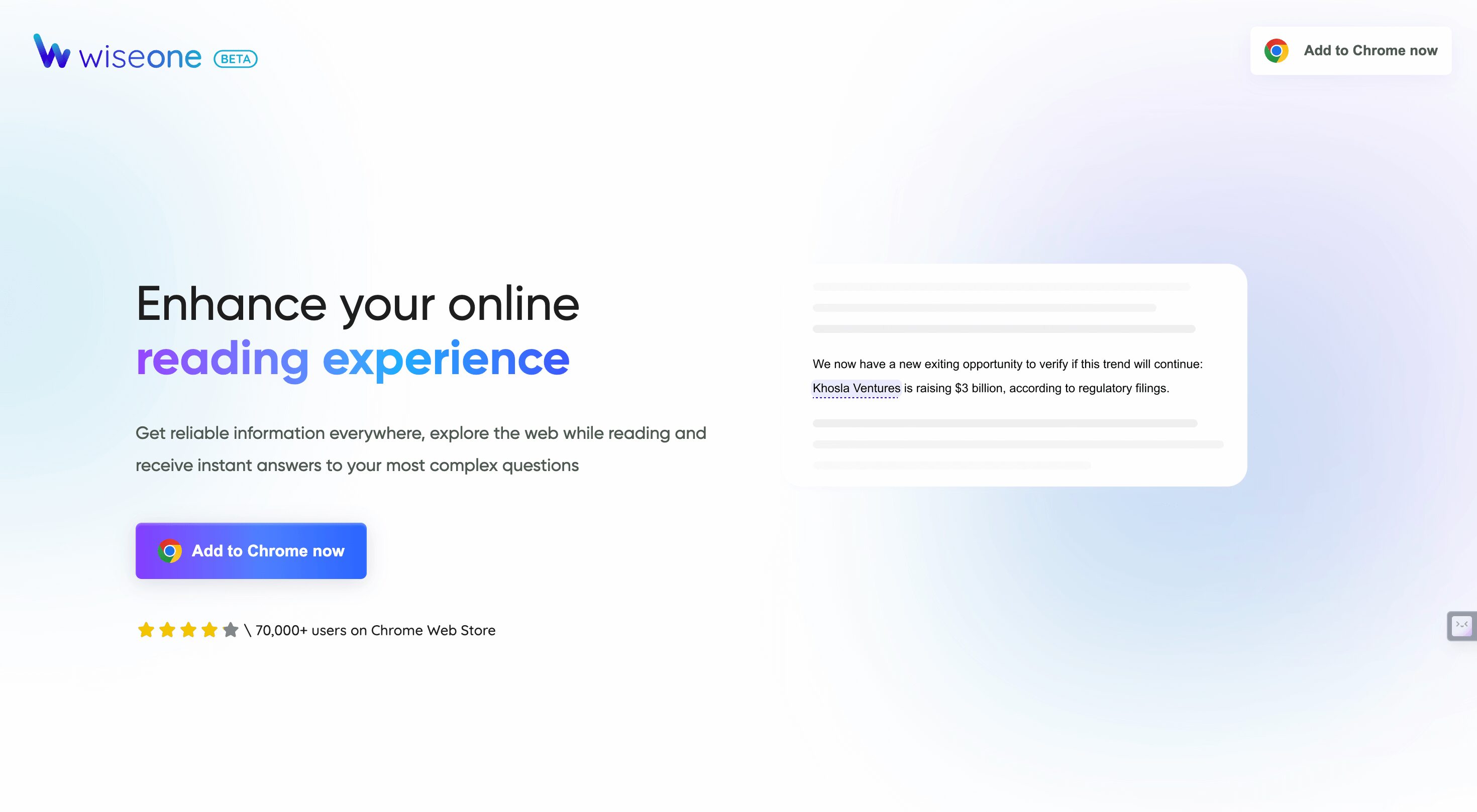 Screenshot of WiseOne in action, showcasing its AI-driven features for enhanced web reading.