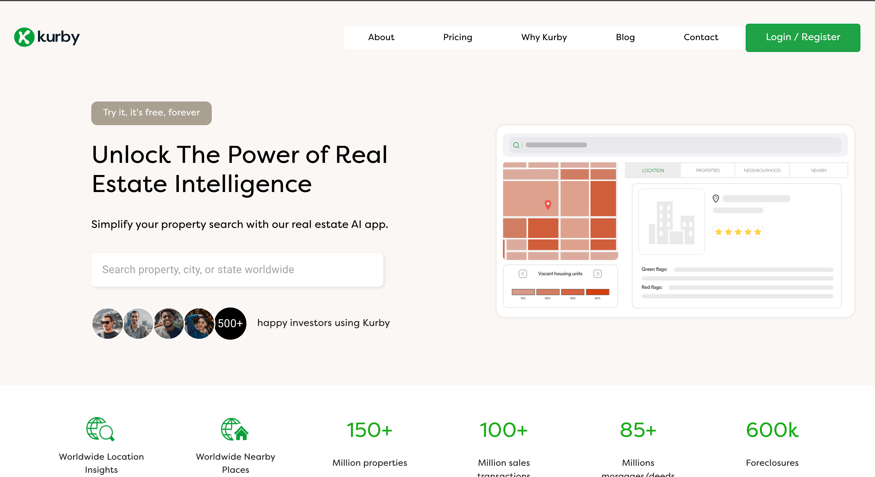 Kurby AI app interface showcasing advanced real estate search capabilities.
