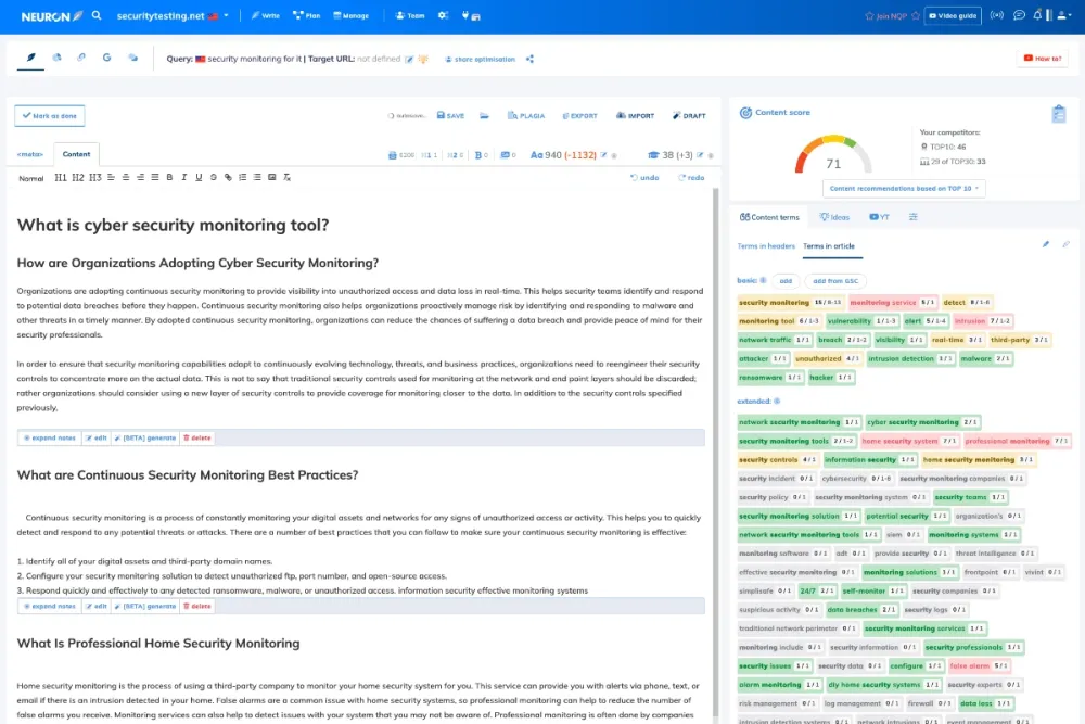 Graphic illustrating NeuronWriter as an AI-powered tool for SEO-optimized content creation, highlighting its features like keyword research, SERP analysis, and NLP recommendations.