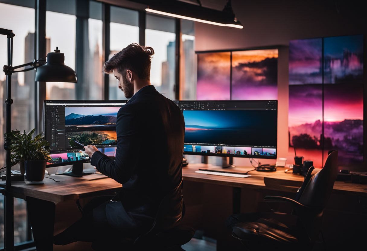 A creator editing a video in a vibrant workspace with modern equipment.