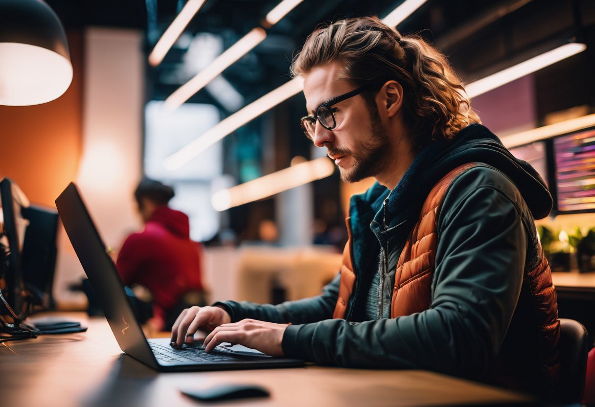 A content creator working enthusiastically in a modern, vibrant workspace.