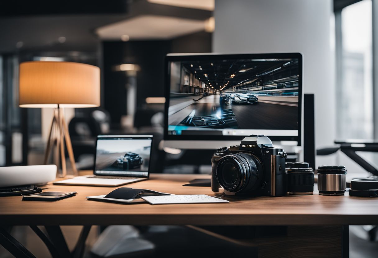 A modern office desk with high-end camera and laptop.