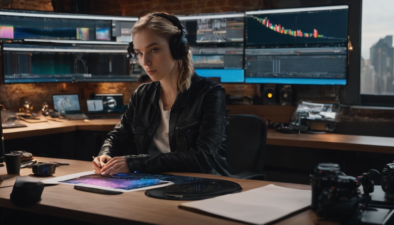 An artist working on a song with AI technology in the background.