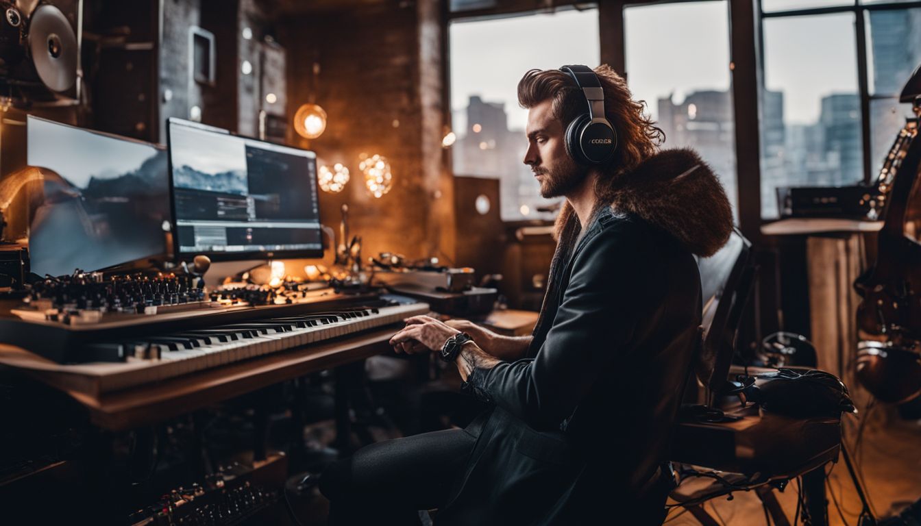 A musician surrounded by instruments working at a computer in a bustling city.