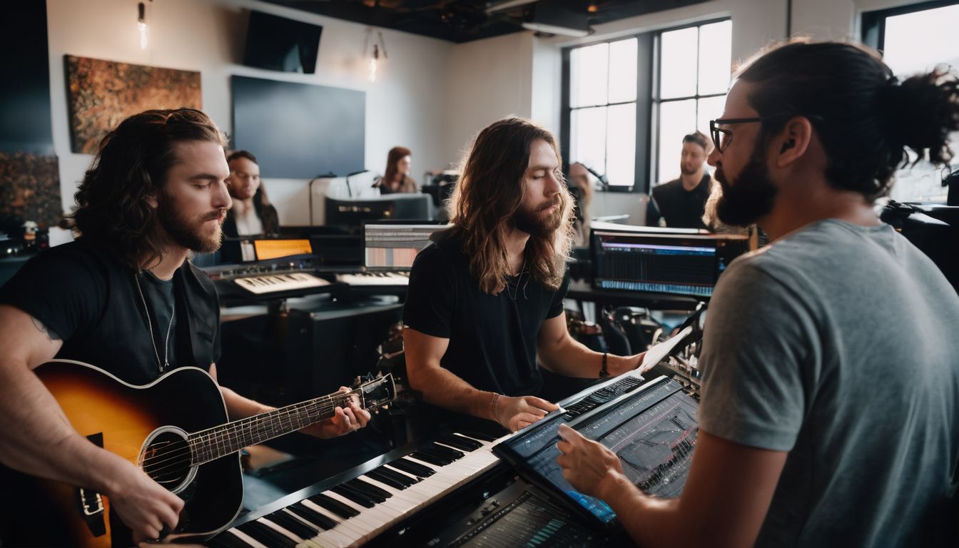 A diverse group of musicians collaborate on lyrics in a modern studio.