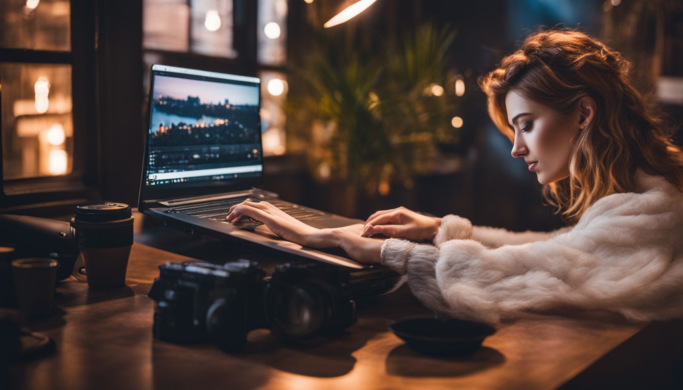 A songwriter working on a laptop in a cozy, music-filled room.