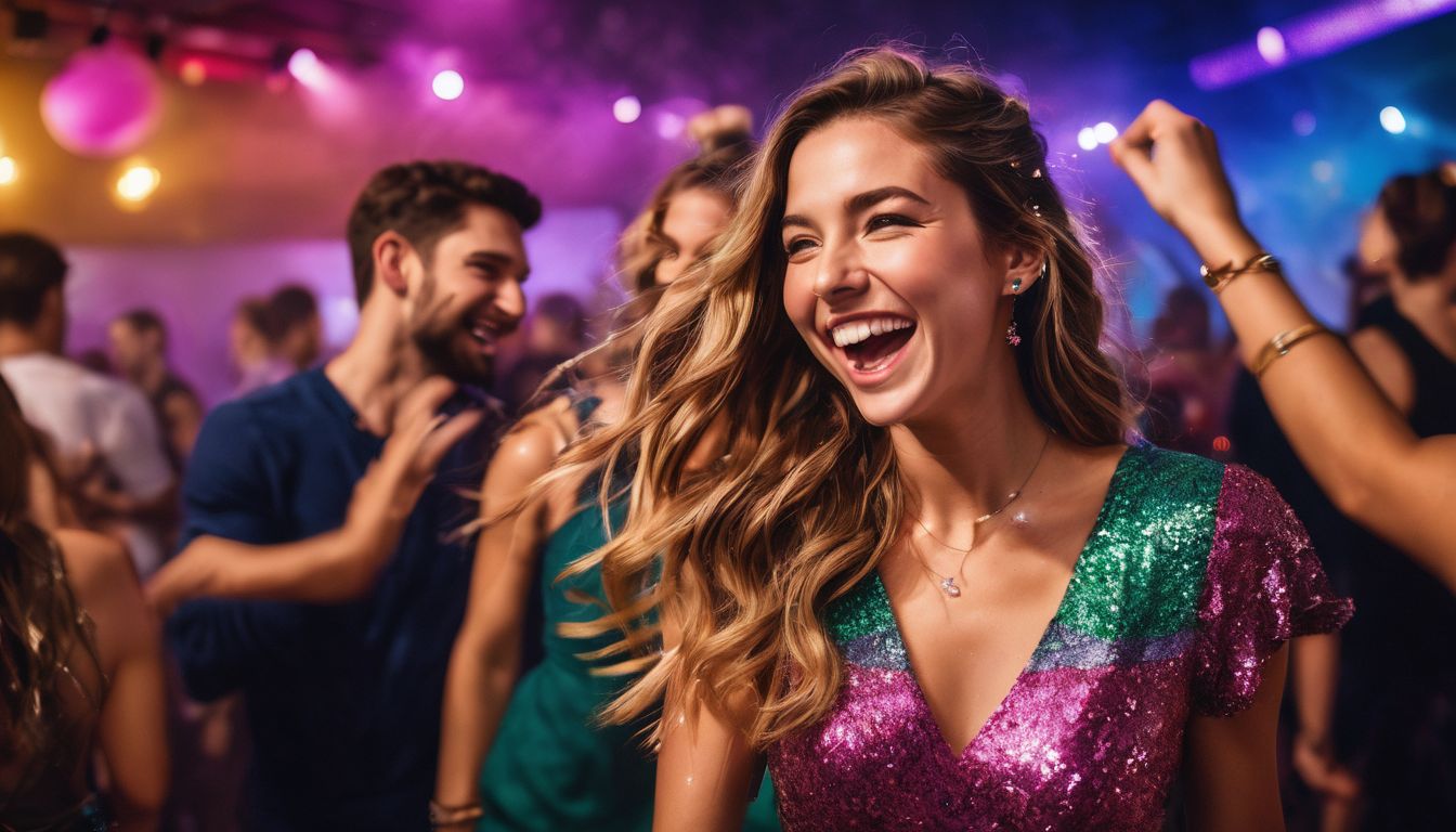 A vibrant party with people dancing and laughing in colorful outfits.