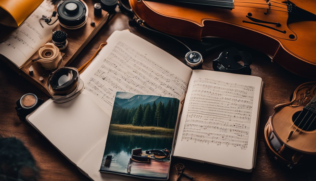 A notebook filled with AI-generated song lyrics surrounded by various musical instruments and nature photography.