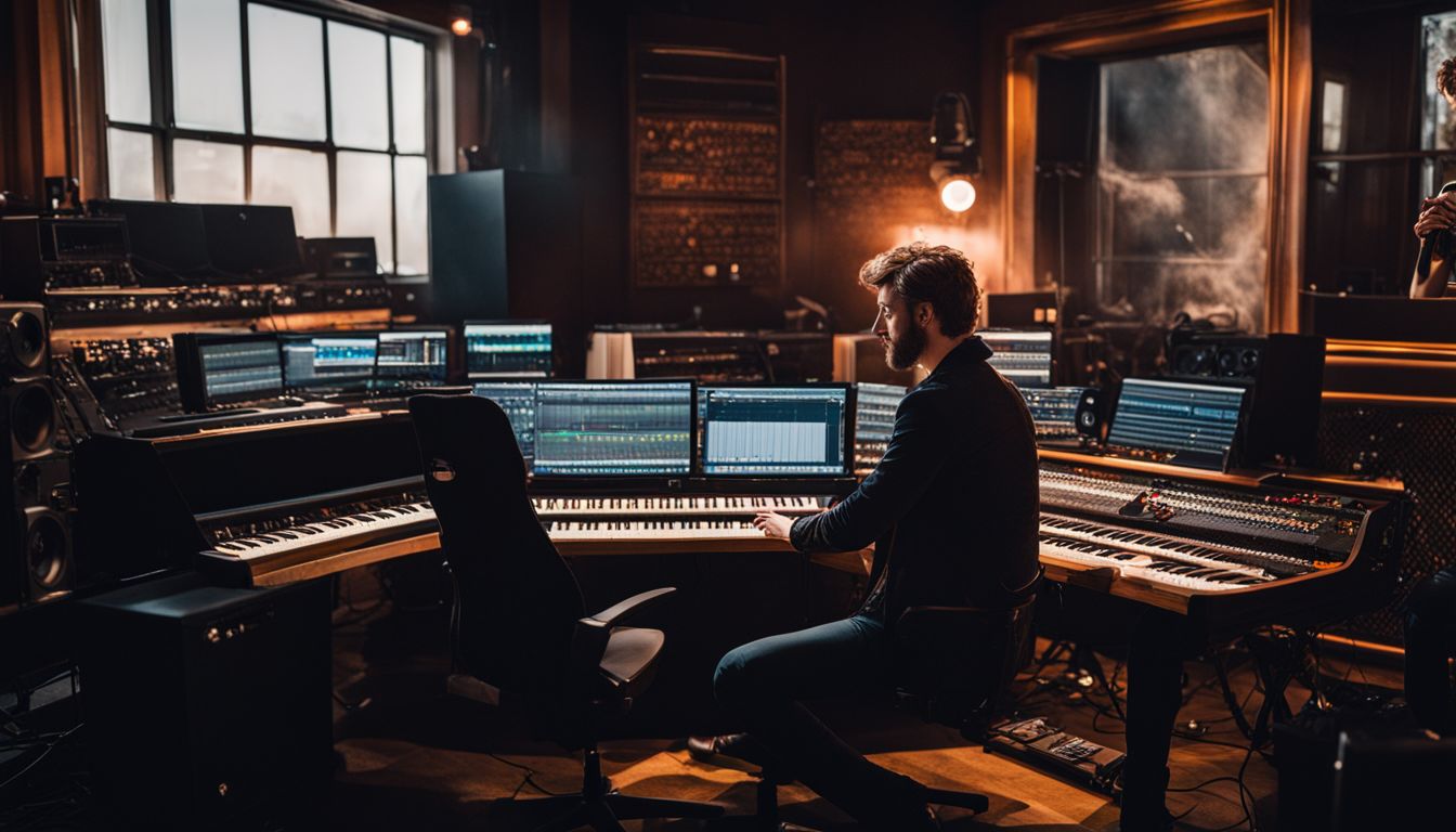 A musician in a recording studio surrounded by AI lyric generators.