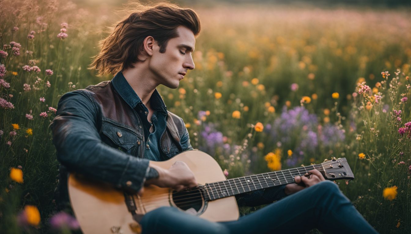 A thoughtful musician sitting in a field of wildflowers.