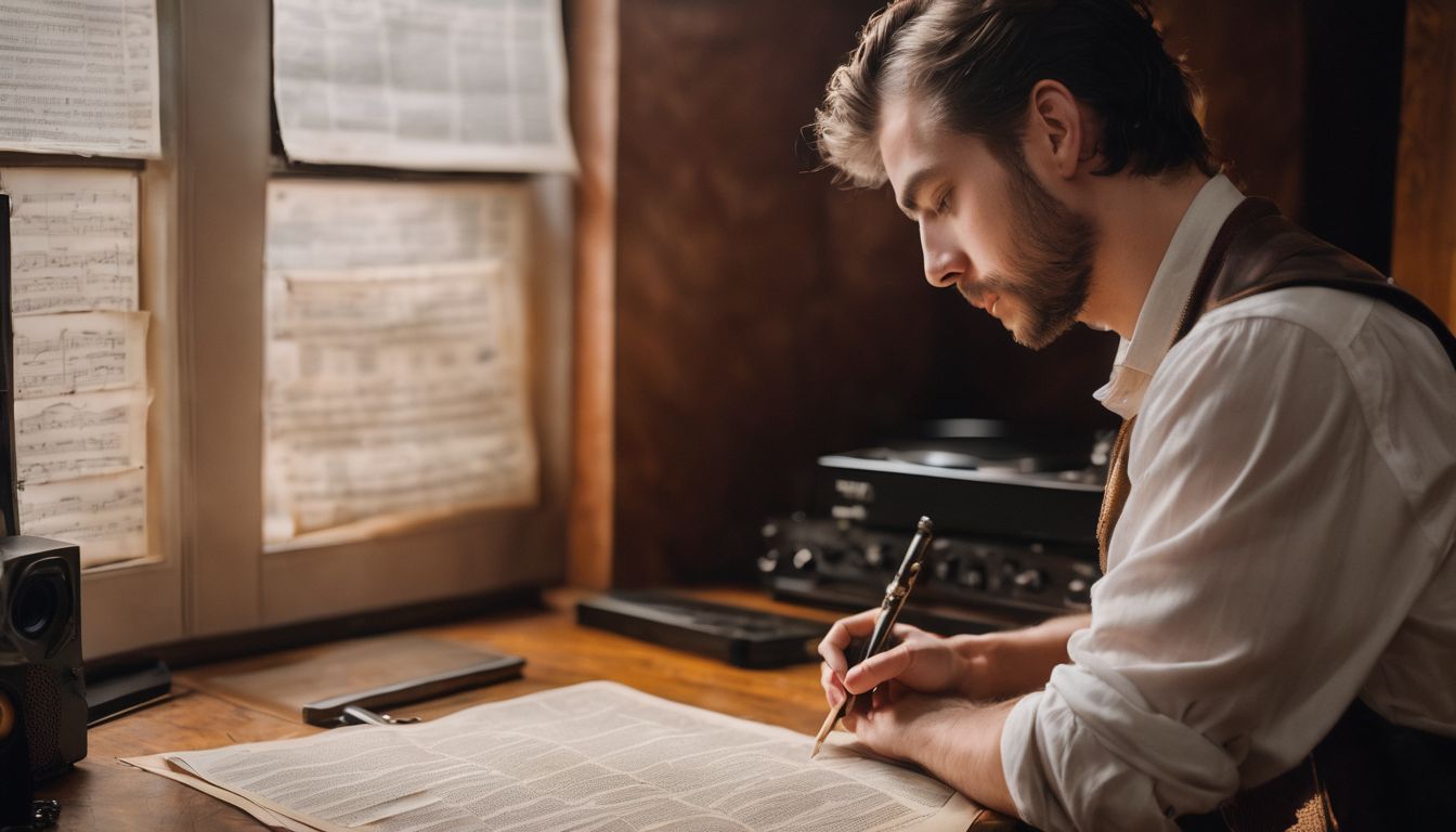 A musician surrounded by vintage lyric sheets in a cozy studio.