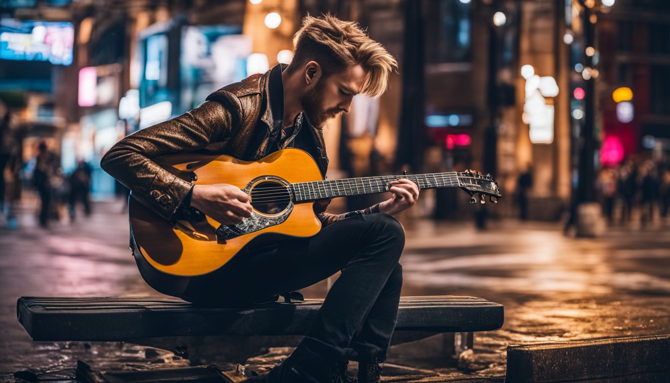 A musician surrounded by modern AI technology lost in thought.