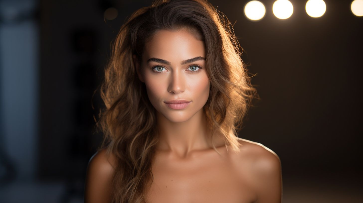 A professional portrait of a model in a modern studio setting.