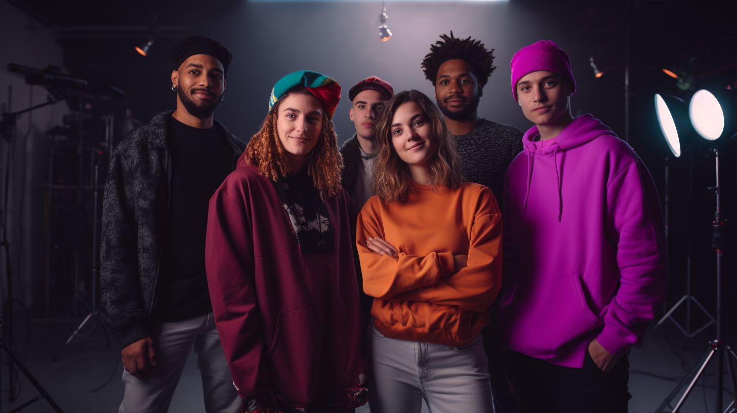 Friends posing for portrait photography in a high-tech studio.