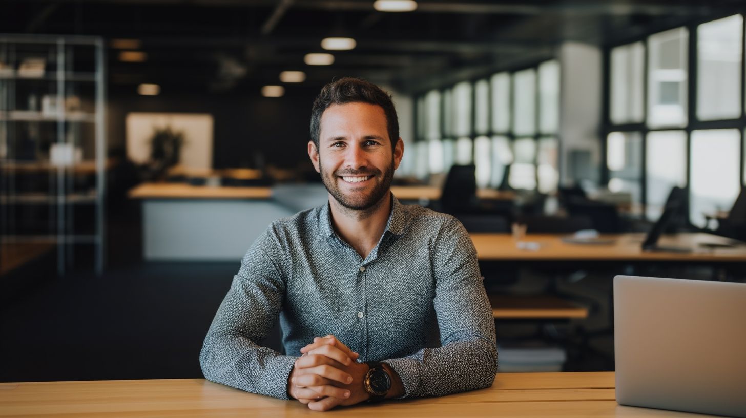 A professional individual using AI headshot generator software at a stylish desk.