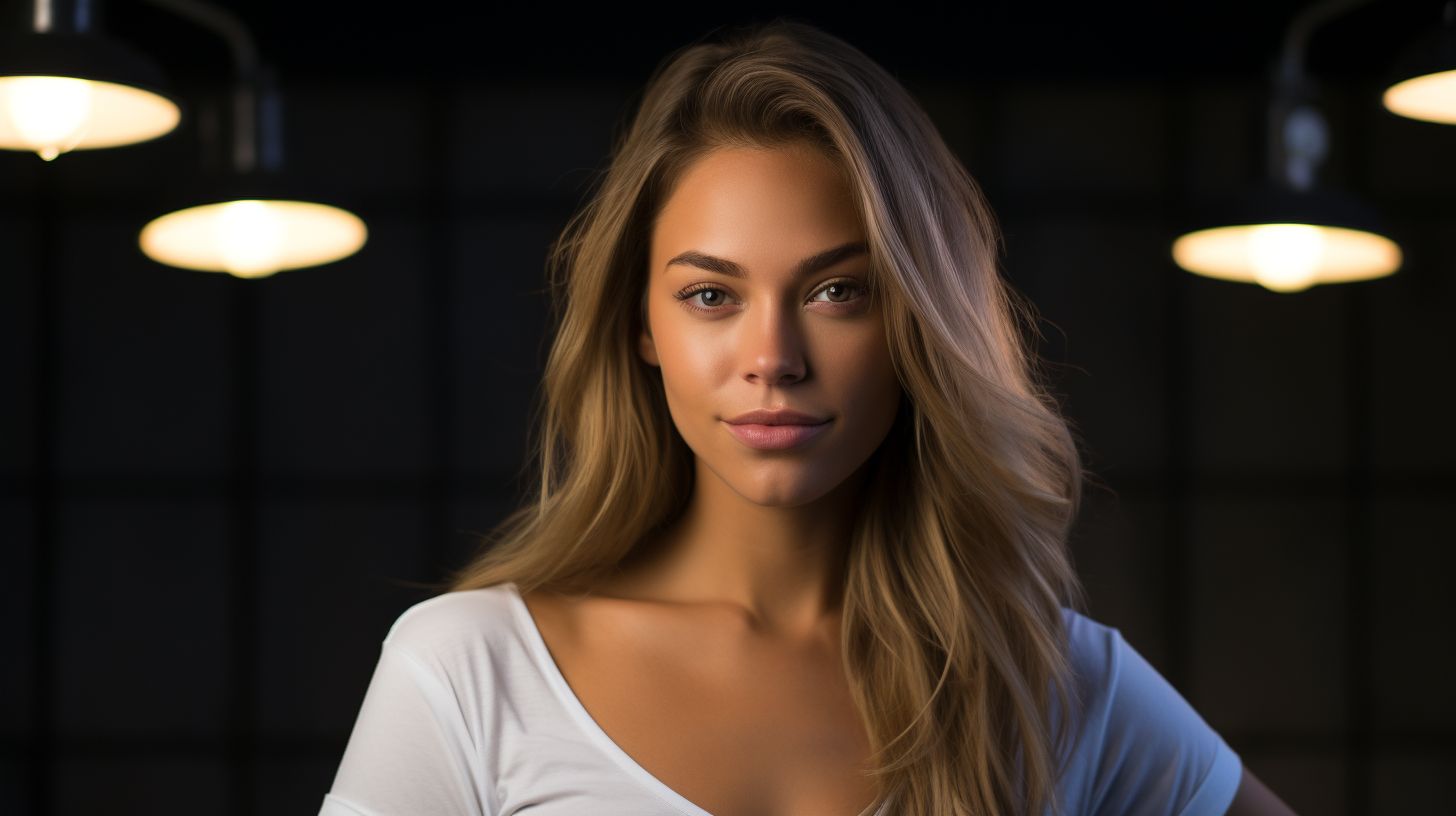 A professional portrait of a model in a modern studio setting.