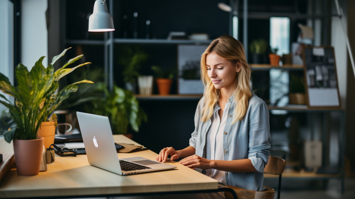 A woman is using a content optimization tool and a mirrorless camera.