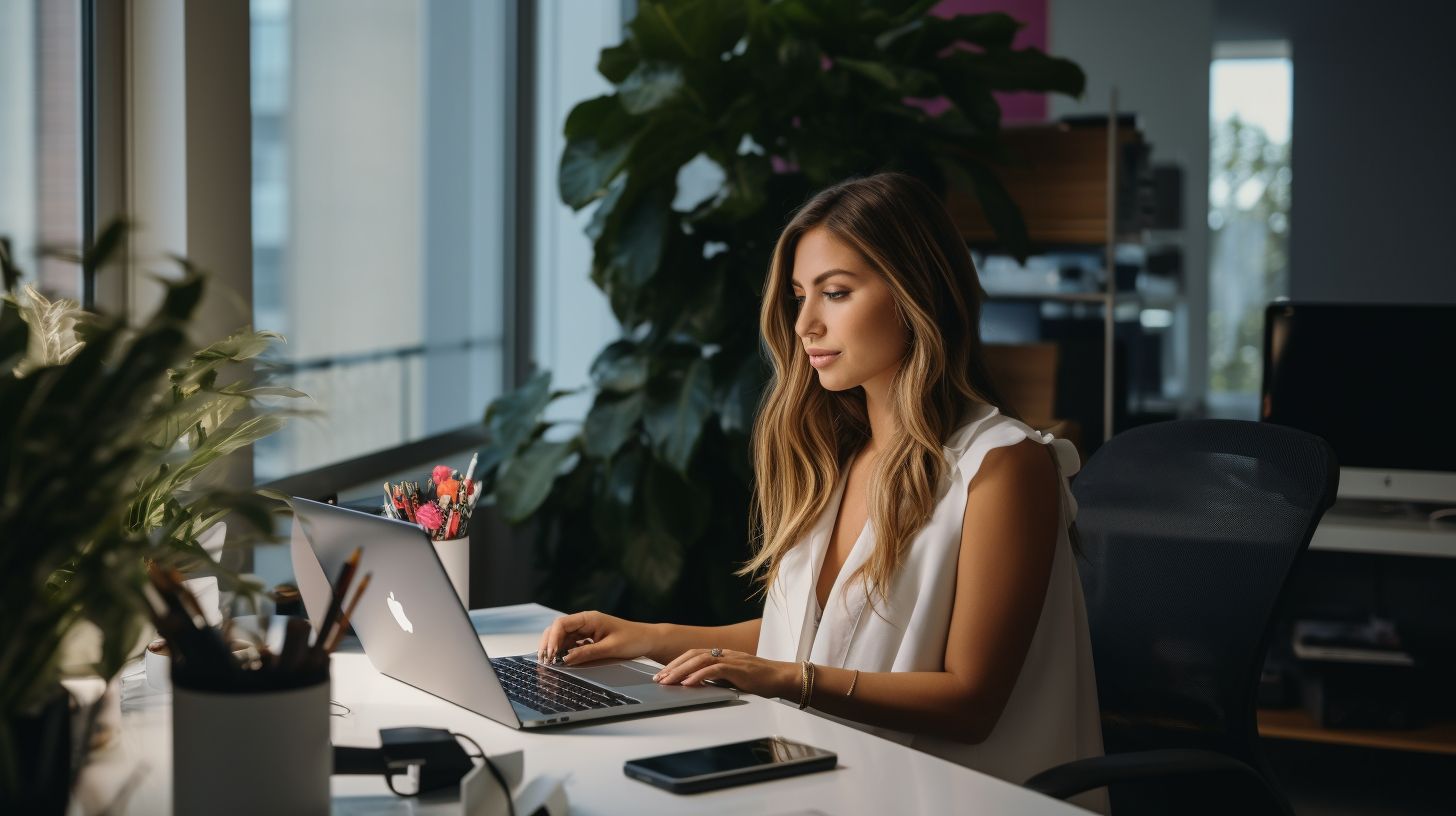 A woman is using a content optimization tool and a mirrorless camera.