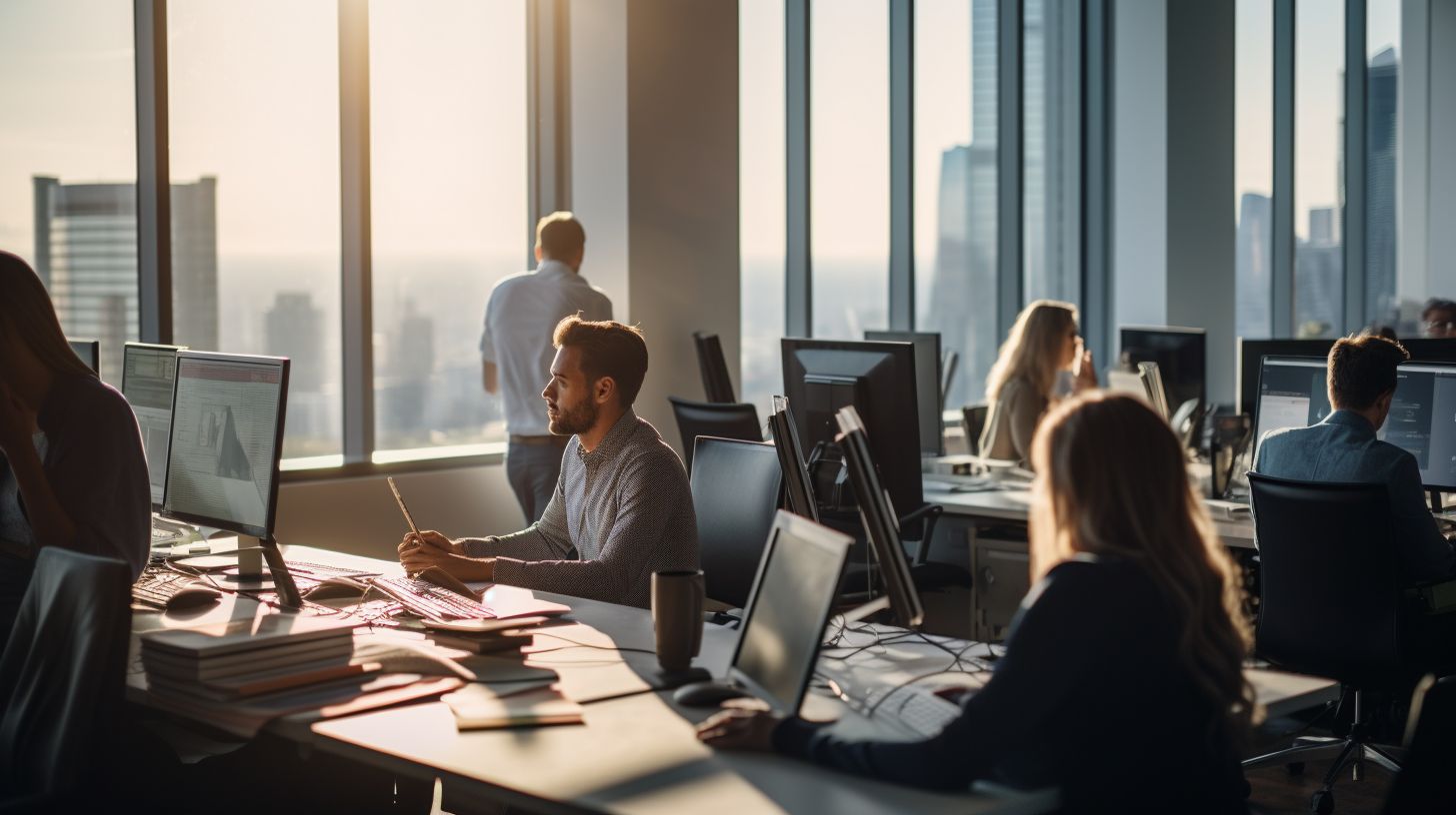 A team of content strategists captured cityscape photography in a modern office.