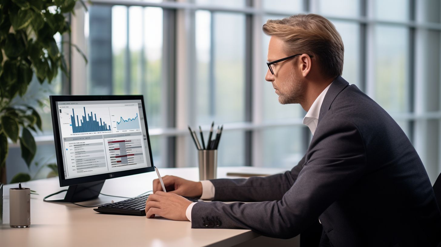A business professional using Clearscope software at a modern desk.