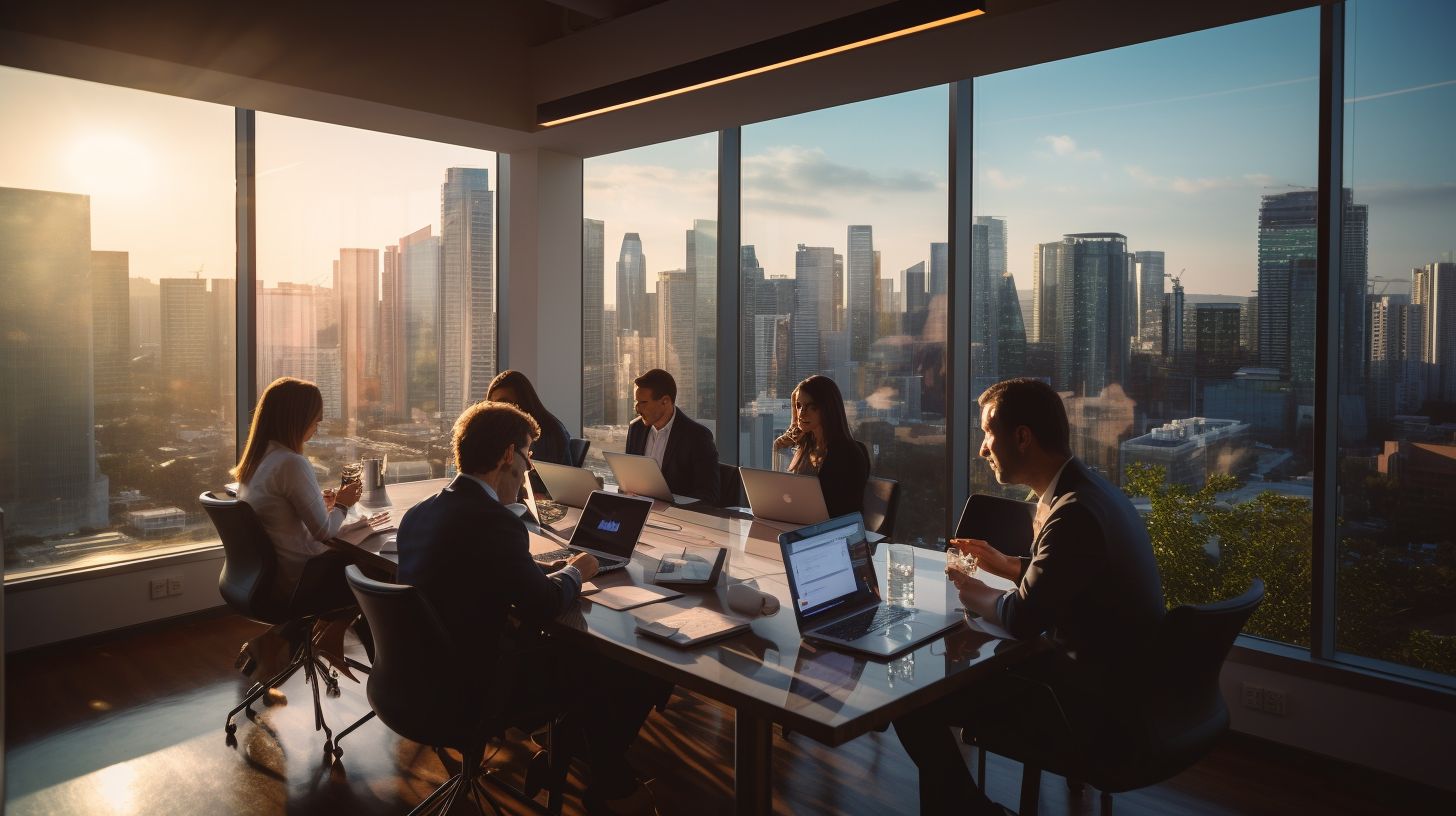A team of content strategists captured cityscape photography in a modern office.