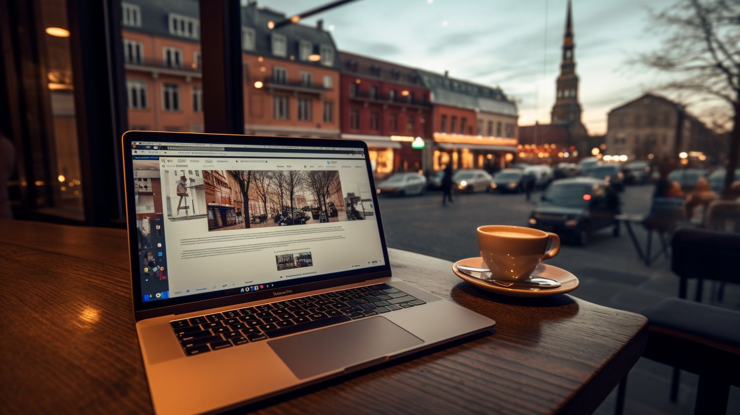 An open laptop displaying Frase.io surrounded by notebooks and coffee.