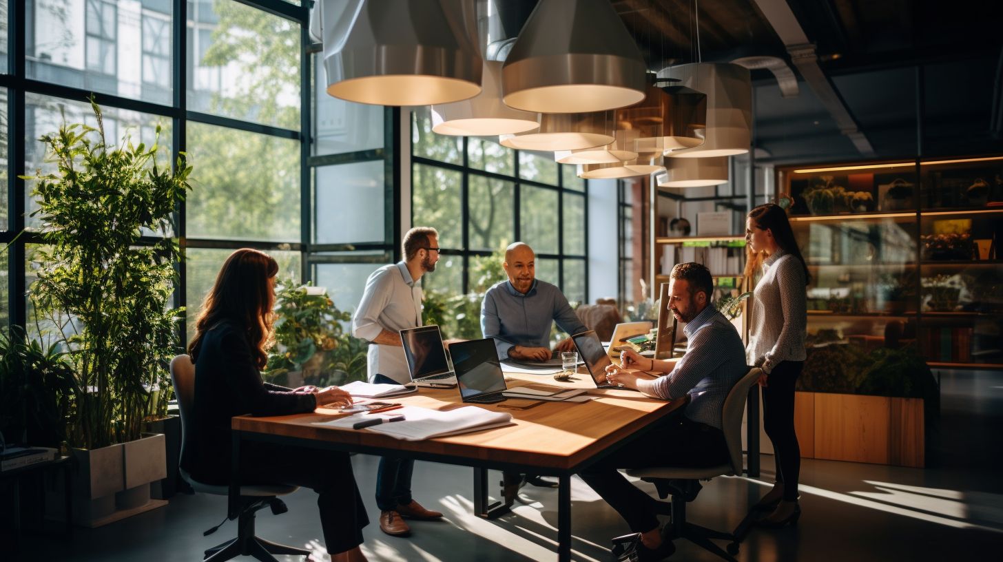 A modern office team collaborating in an urban workspace.