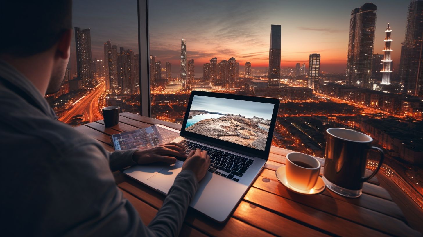 A person uses SEO tools and a laptop to take Cityscape Photography.