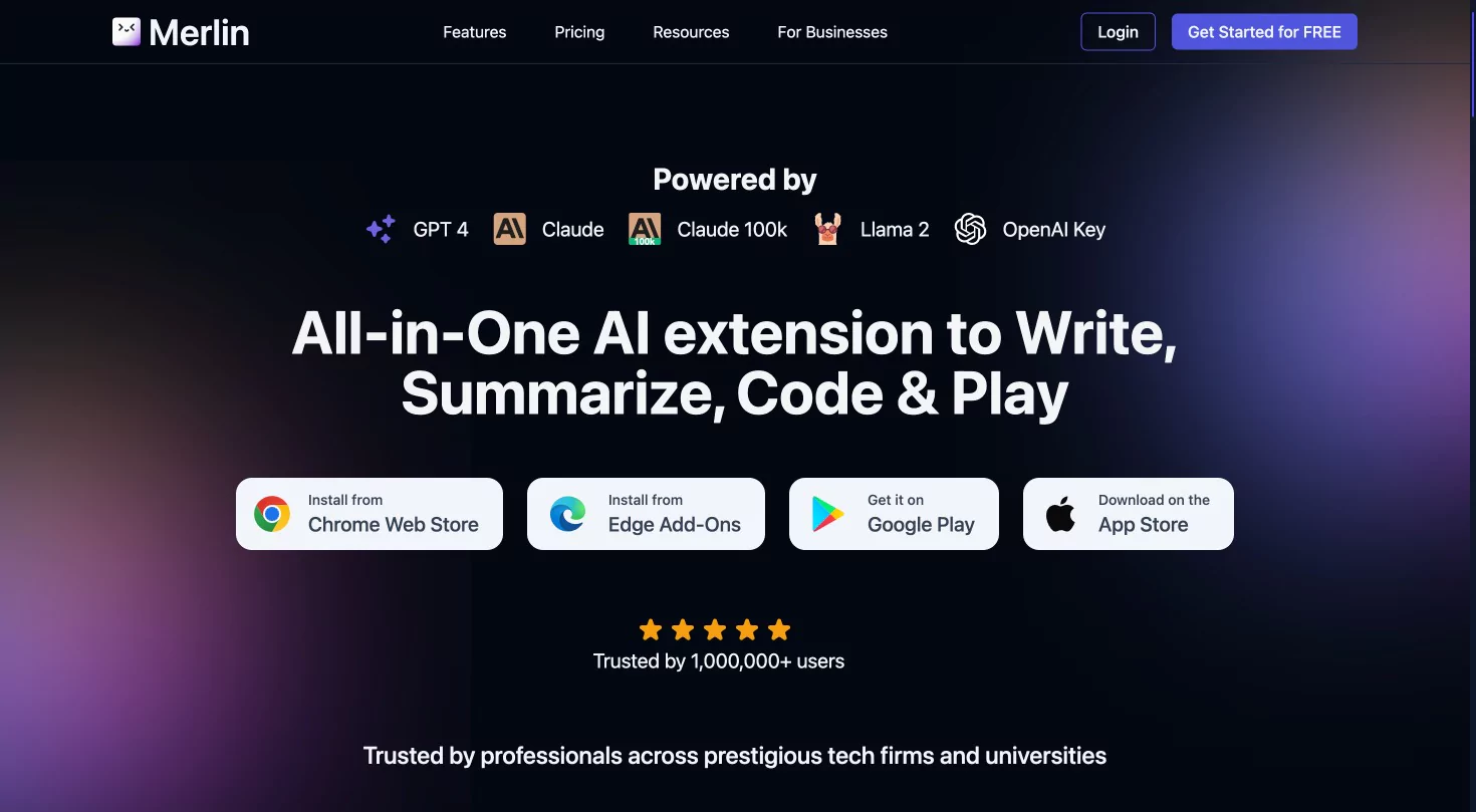 merlin ai extension to write, code and summarize