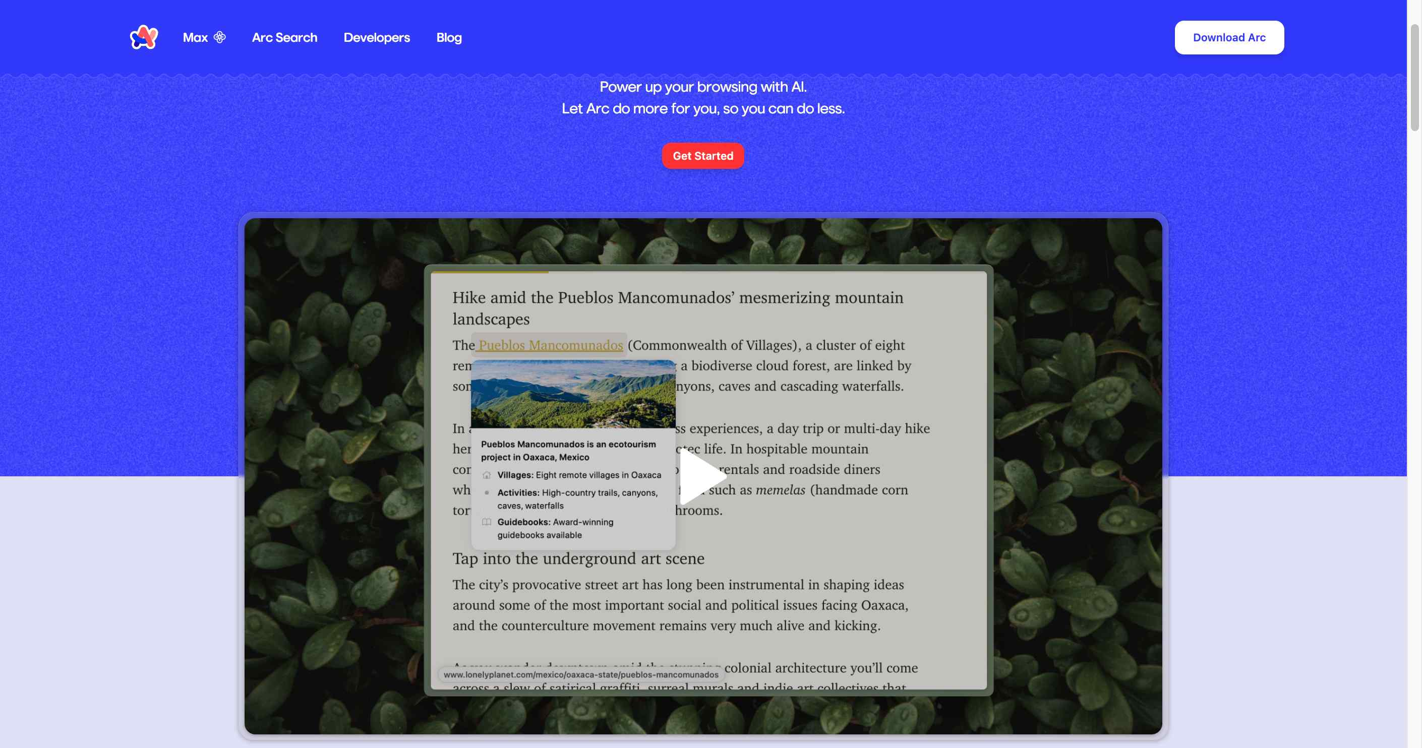 Quick webpage previews in Arc Max Browser, demonstrating the shift-hover functionality for efficiency.