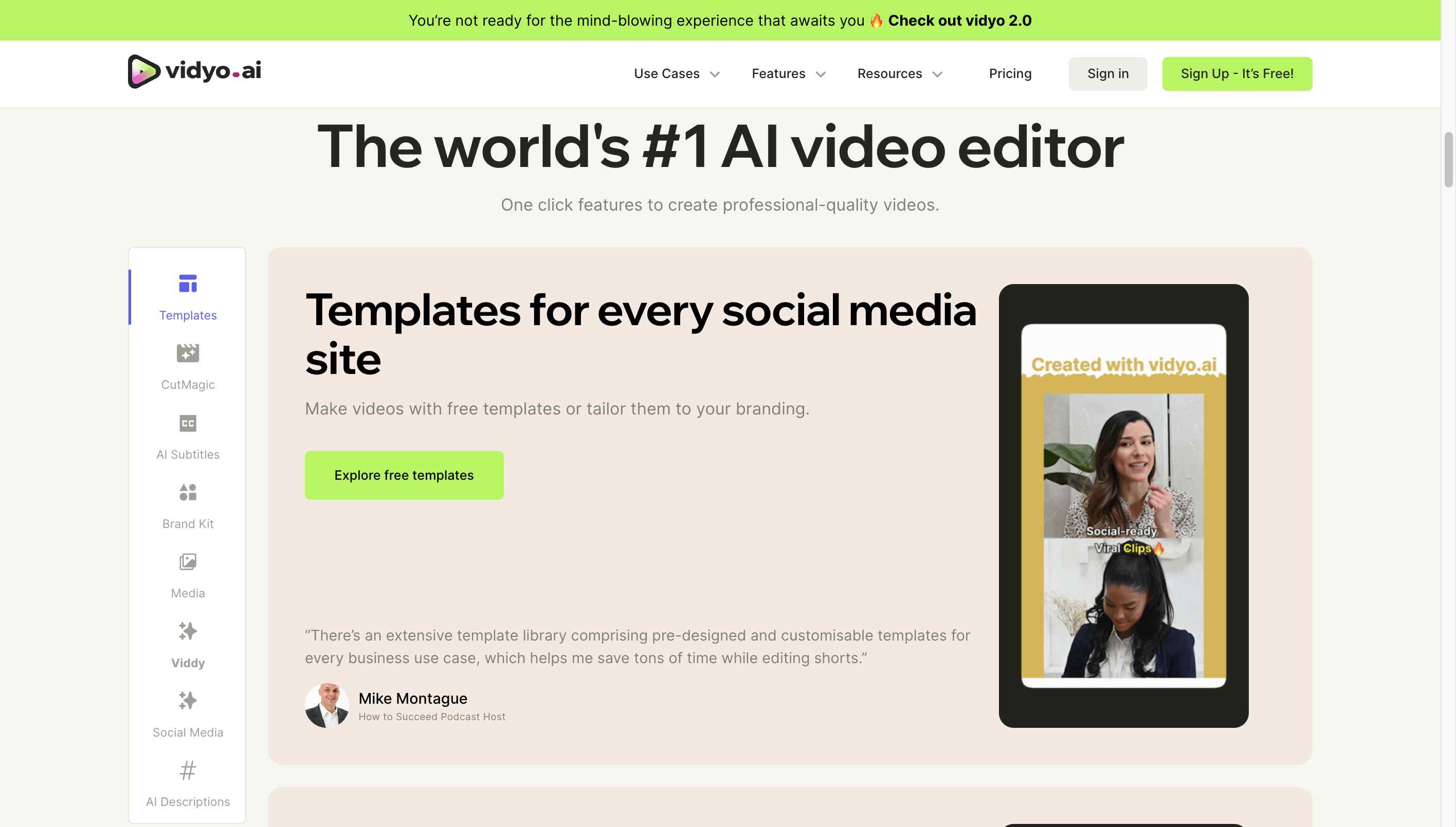 Example of a social media clip created with Vidyo.ai’s extensive template library.