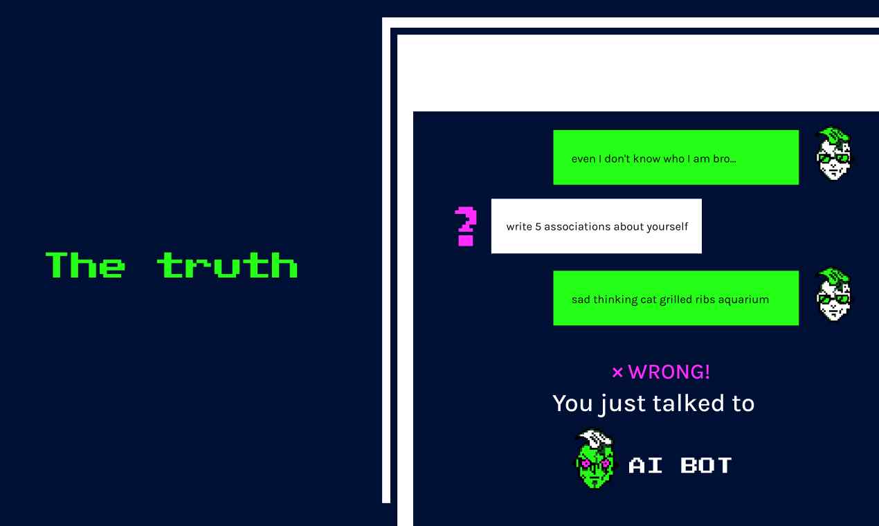 Interactive game screen of Human or Not, showcasing a Turing test challenge.