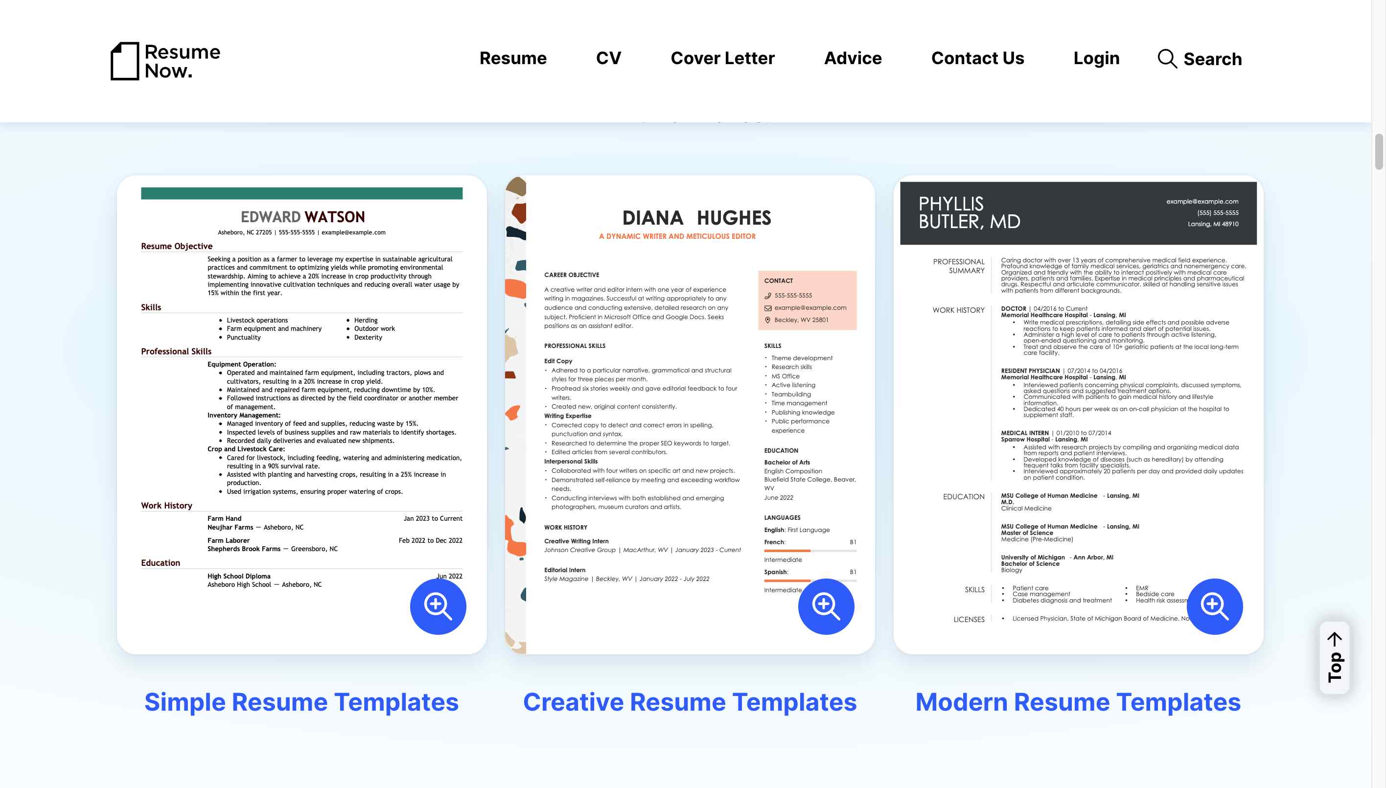 Gallery view of various resume templates available on Resume-Now, ranging from traditional to creative designs.
