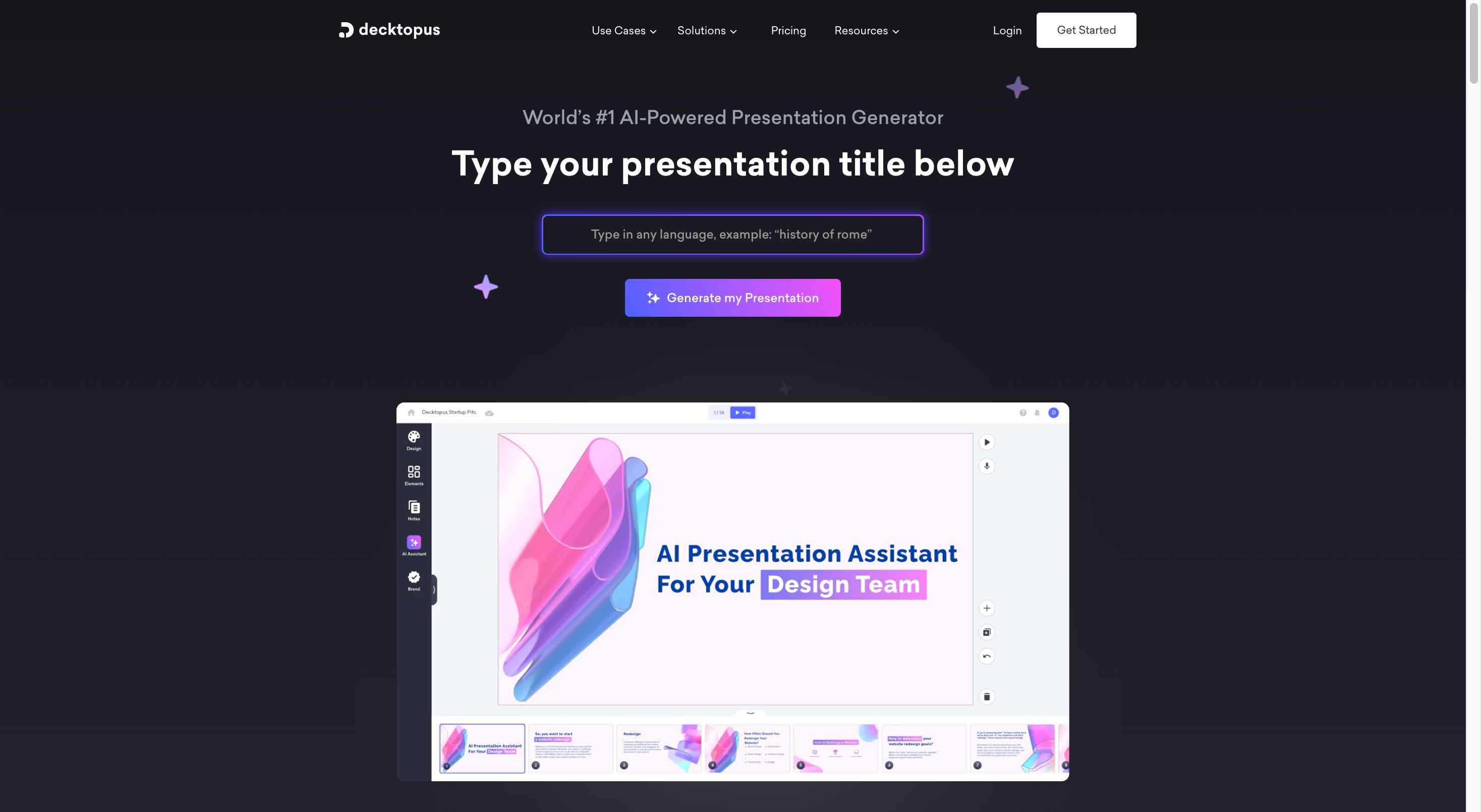 Decktopus slide editor interface showcasing AI-assisted content suggestions and drag-and-drop features.