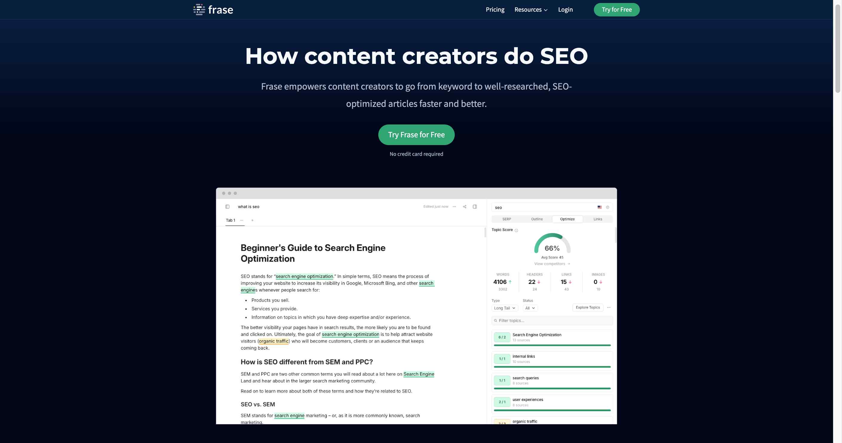 Screenshot of frase, an AI content planning and optimization software.