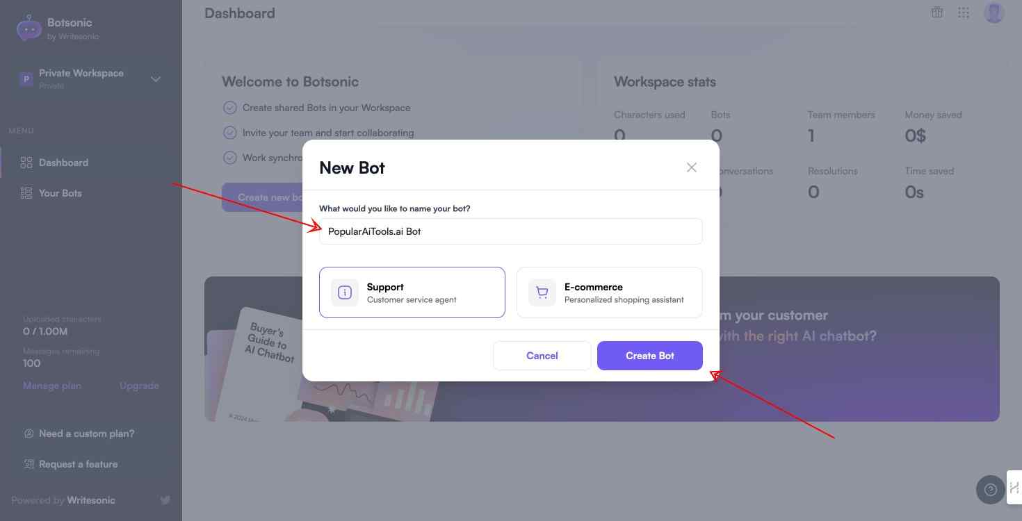 Features of Botsonic AI Conversational Chatbot for real-time customer service and automated business communication.