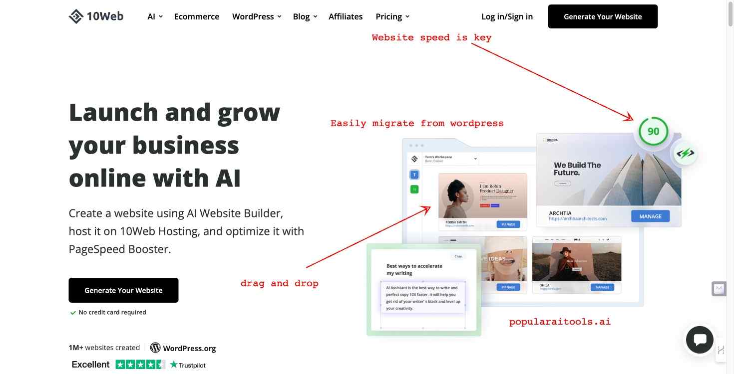 10Web AI website builder interface highlighting easy-to-use design features.