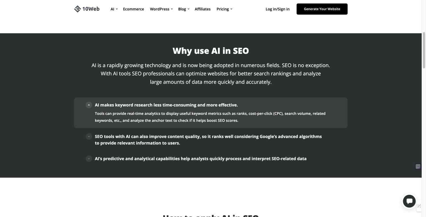 10Web AI website builder’s dashboard illustrating SEO tools integration.