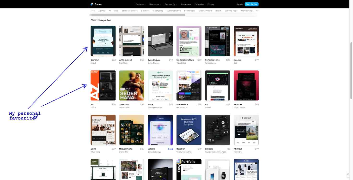 Sample portfolio website template offered by Framer with customizable options.