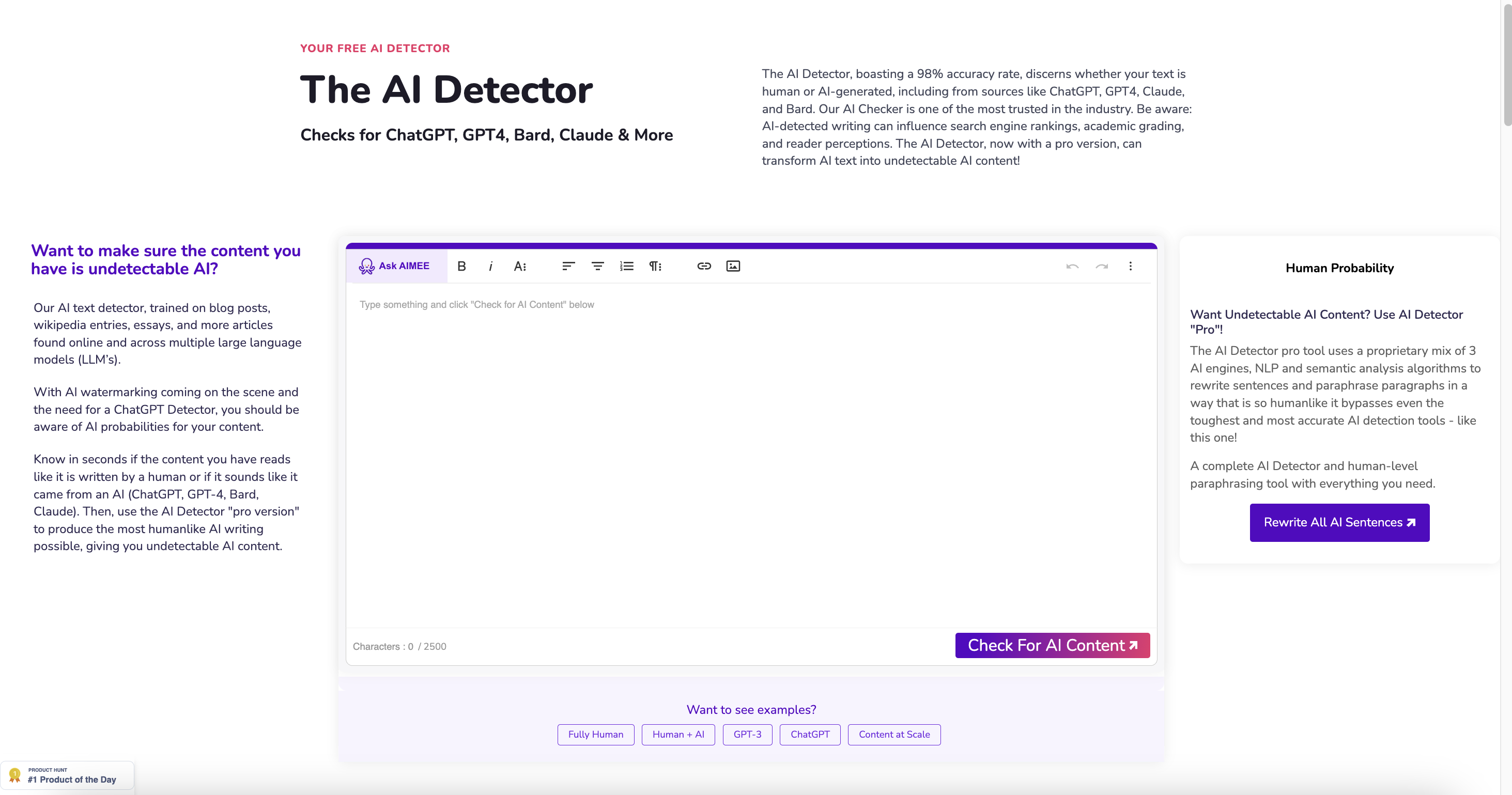 A comprehensive visual breakdown of Content At Scale, highlighting its high accuracy in AI content detection, ability to handle various AI sources, and a specialized version for ensuring content originality, useful for SEO and academic integrity.
