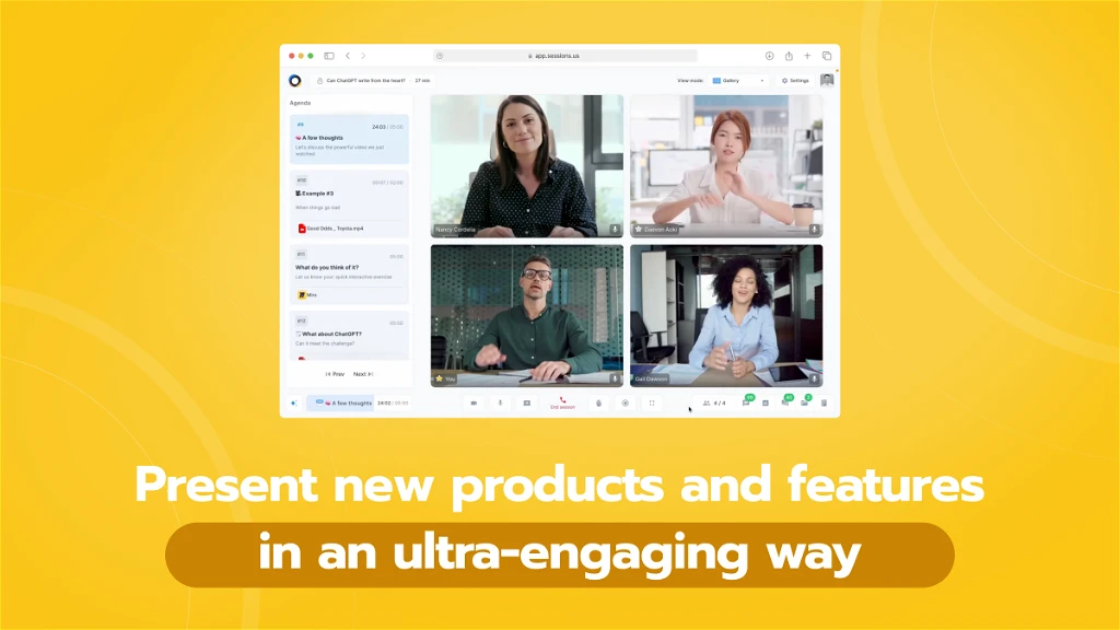 Interface of Sessions webinar tool showcasing video and interactive features.