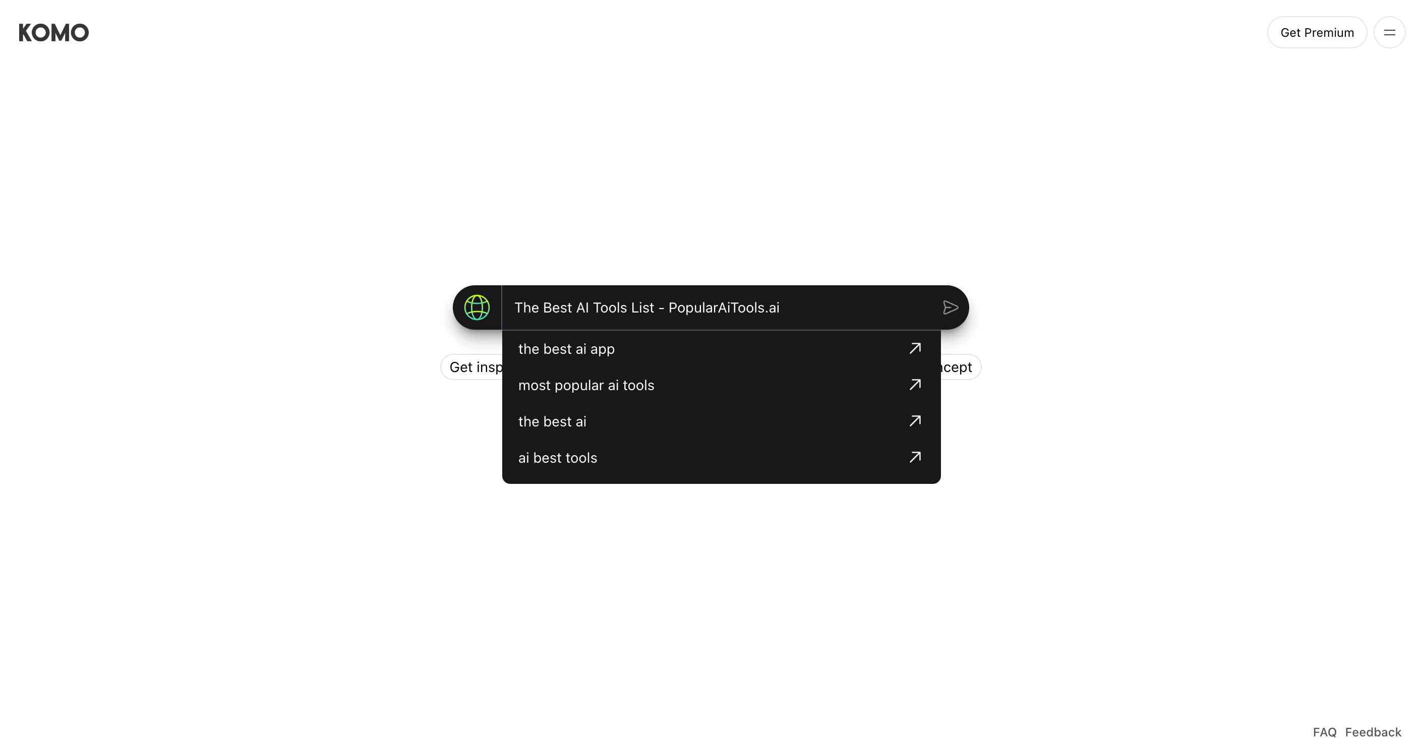 Komo AI search engine displaying a chat interaction, trending topics, and social media insights for comprehensive searches.