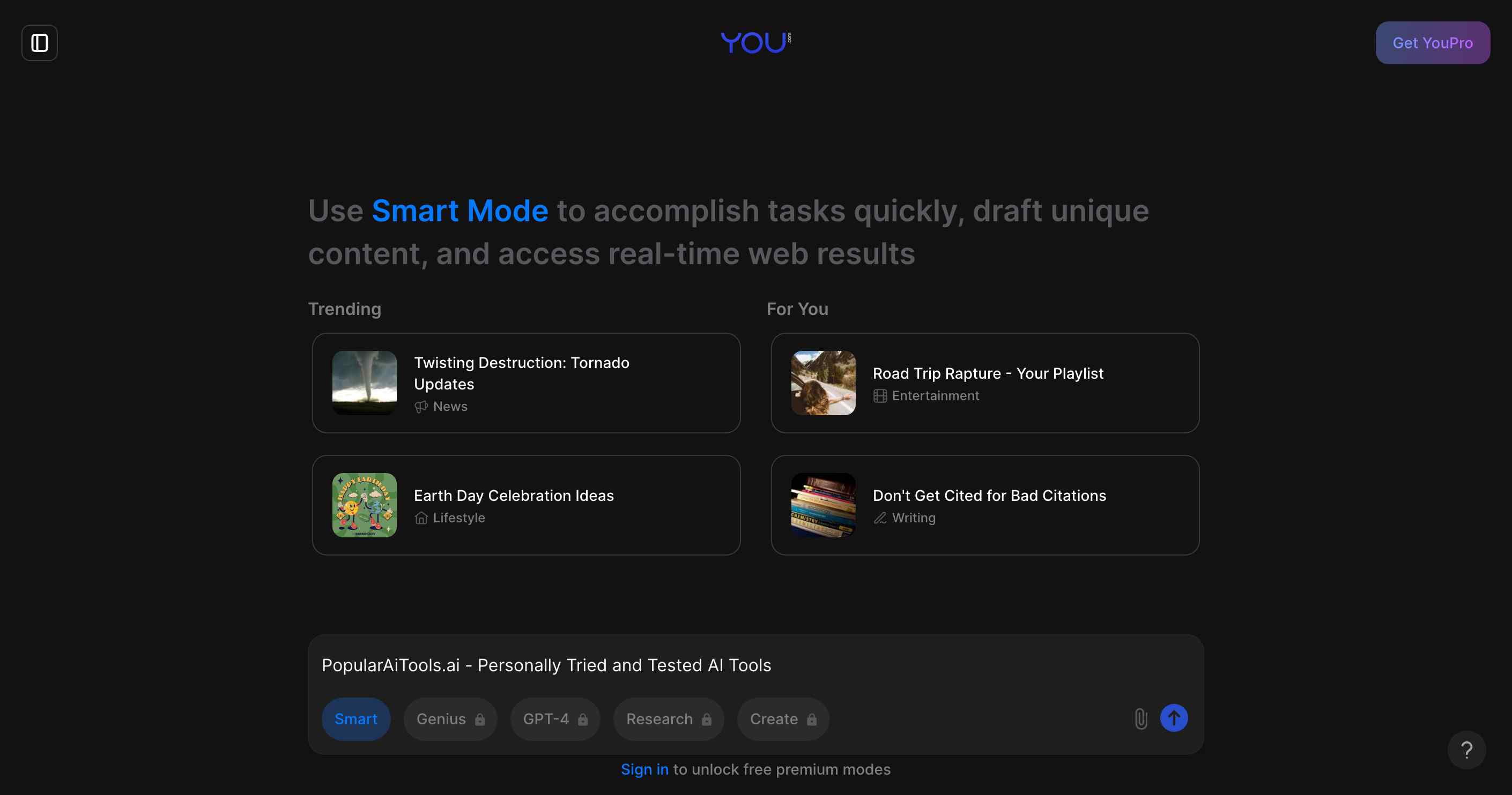Screenshot of You.com search interface, highlighting personalized search results and privacy-focused features